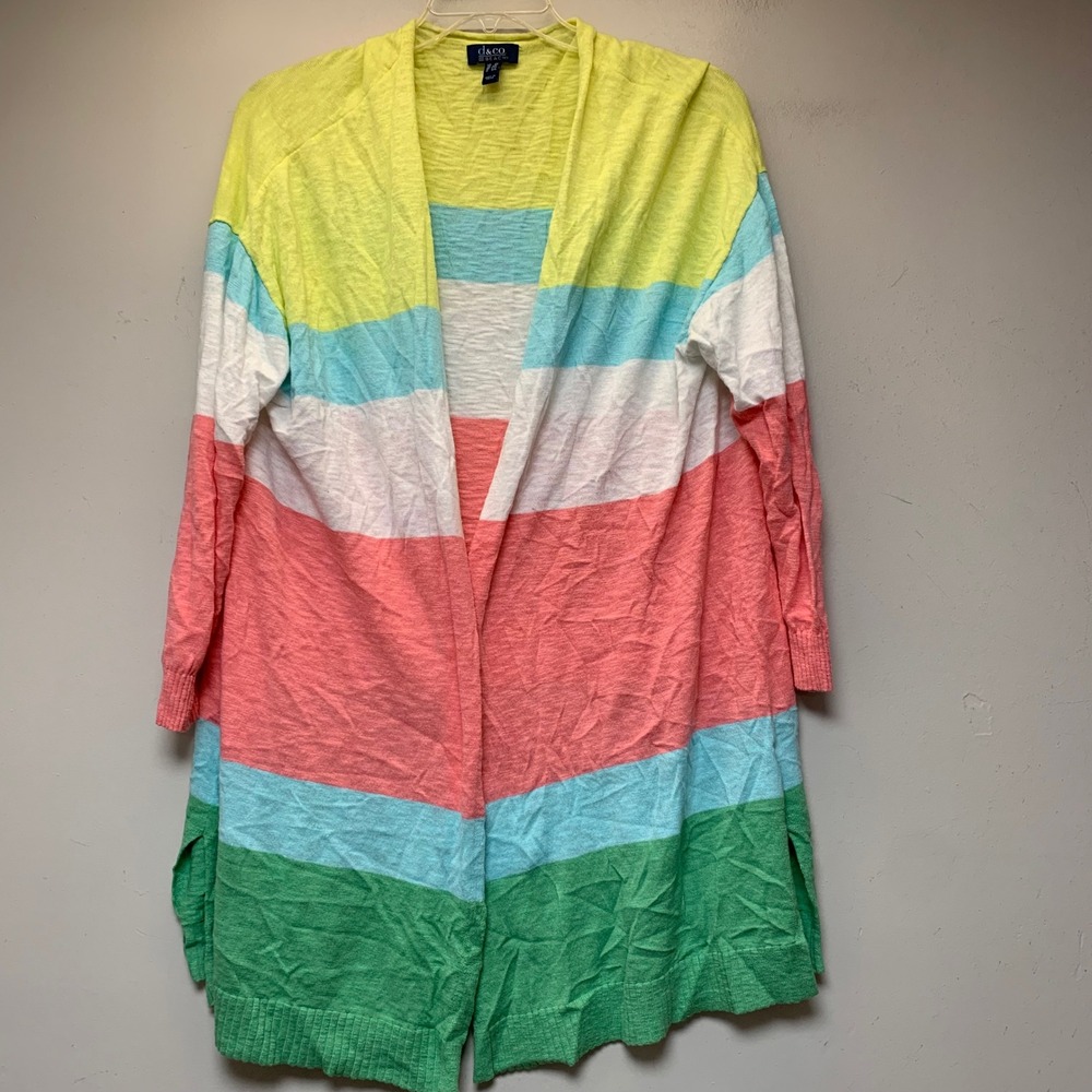 d&co. BEACH Cardigan Women 2X Multicolor Excellent Striped Longline Open Front